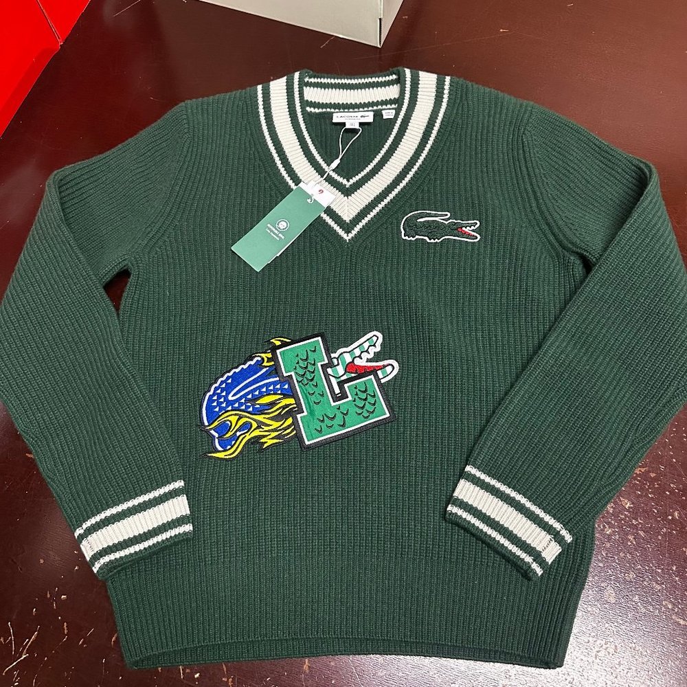 Lacoste Mens Green Holiday Comic Badge Long Sleeve Classic Fit Sweater Size S